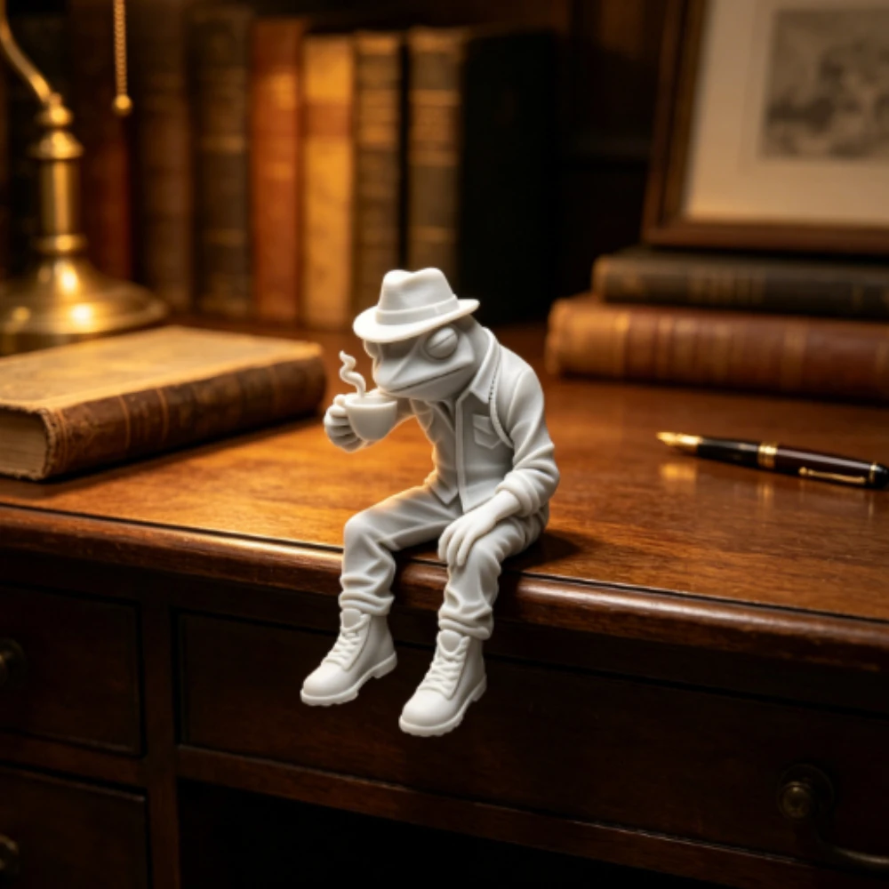 Vintage Western Outfit Frog Mini Figurines 3D Printed Coffee Drinking Gentleman Frog Ornaments Decor for Study Desktop Bar Gifts view 5