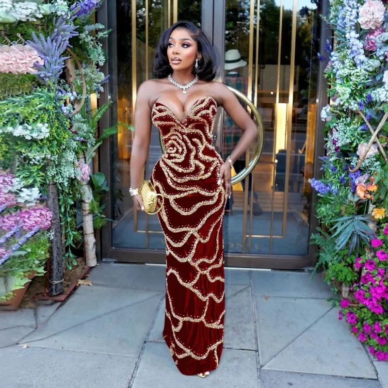 

Sexy Strapless V-neck Party Evening Dresses for Women Nightclub Celebrity Glitter Sequined Prom Formal Bodycon Maxi Dress Robes