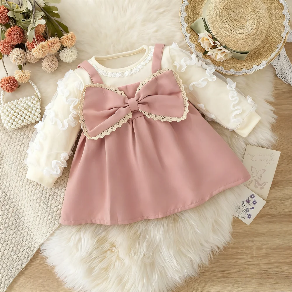 

Baby Girl Dress Spring/Fall Bow-Tie Tulle Long-Sleeve Baby Dress Adorable Princess-Style Girl Dress Baby Girl Clothing
