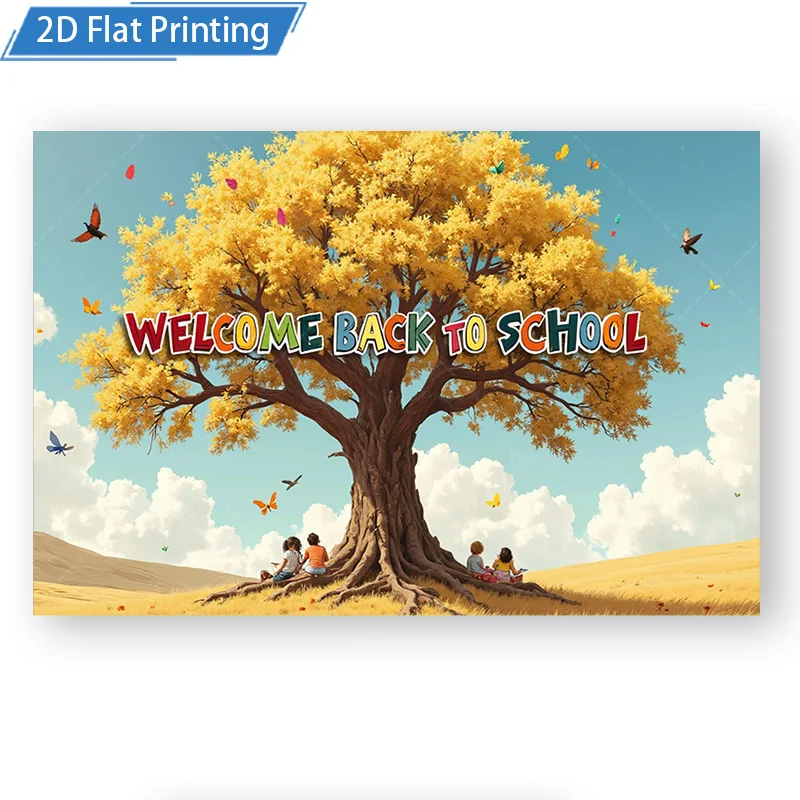 [2D شقة] 1 قطعة 4x16 بوصة علامة معدنية مرحبا بكم في العودة إلى المدرسة شجرة المشهد المعادن جدار ديكور فني 2D طباعة مسطحة