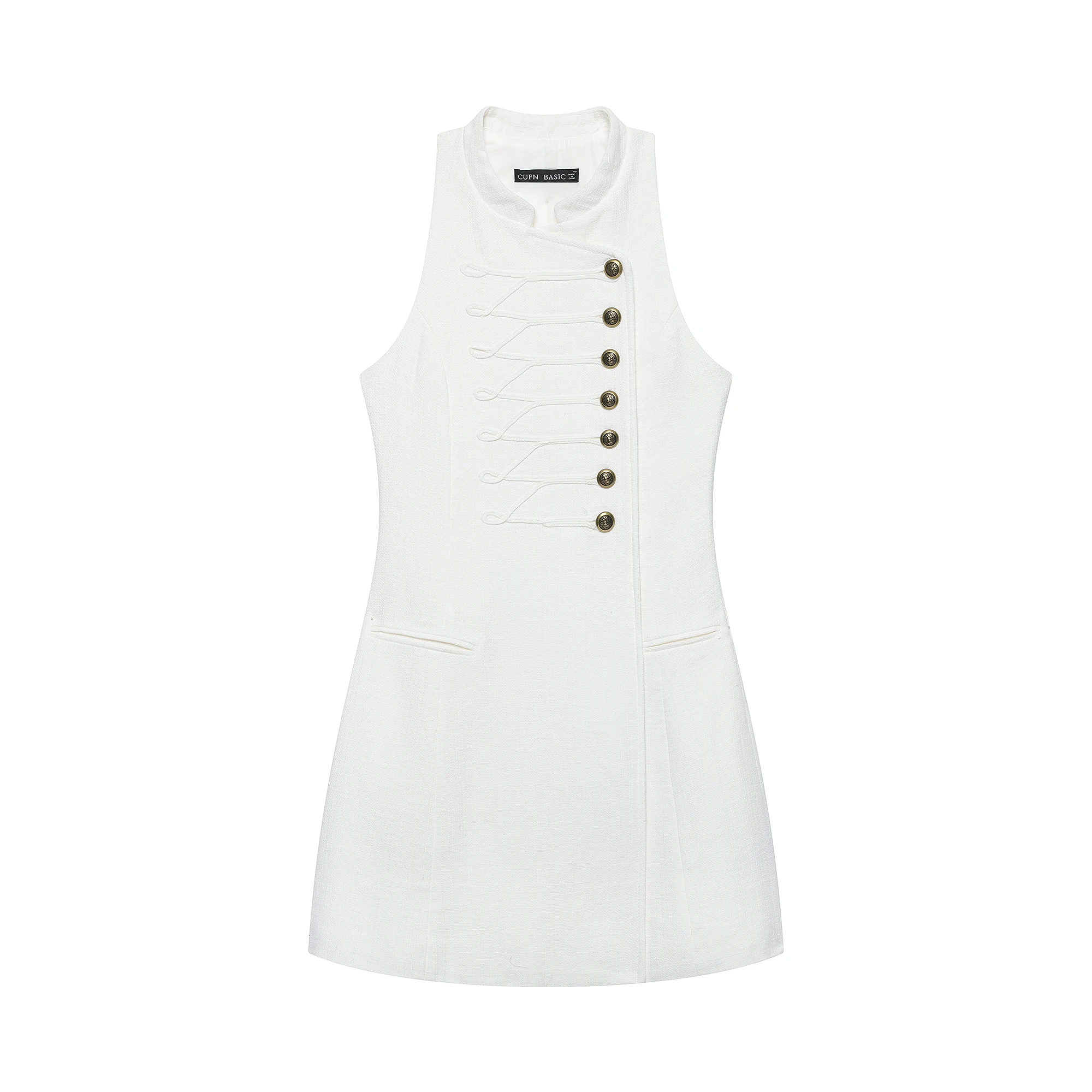 Women's White Elegant Dress Summer Female Chic Sleeveless Stand Collar Rope Knot Buckle Mini Dress Lady High Waist Vest Dress