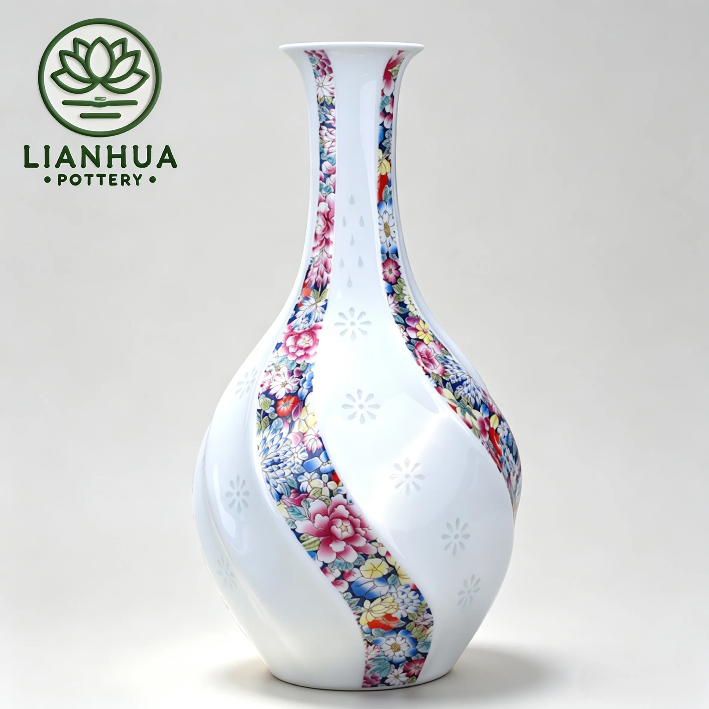 LIANHUA POTTERY Jingdezhen Linglong Porcelain Vase Handcrafted Colorful Flowers Home Decoration Vase Wall Cabinet Wedding Gift