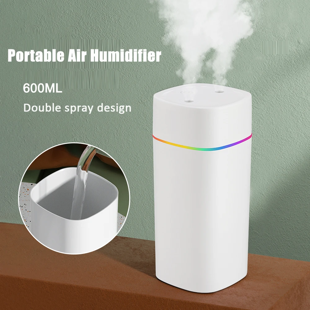 Portable 600ml Air Humidifier Aromatherapy Humidificador For Home Office USB Dual Nozzle Sprayer With LED Color Lamp Purifier