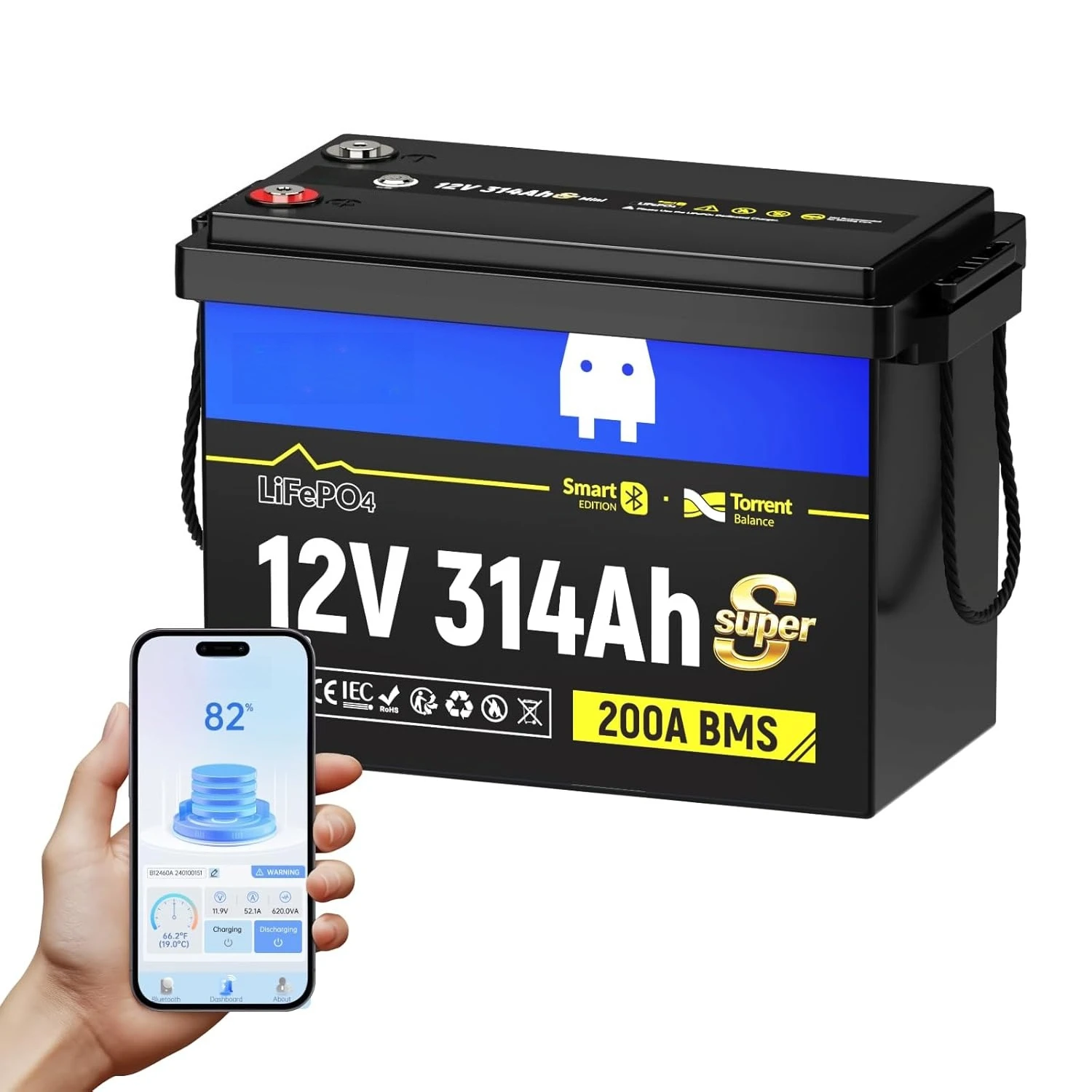 

12V 314Ah Mini LiFePO4 Battery Bluetooth 200A BMS 3A Balancer 4-in-1 Switch 4.01kWh 6000 Cycles RV Solar Custom