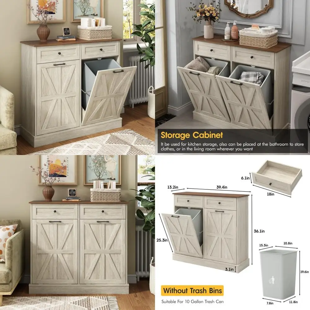 

walnut and white wooden tilt-out trash bin holder for hidden kitchen cabinet, fits 10 gallon can