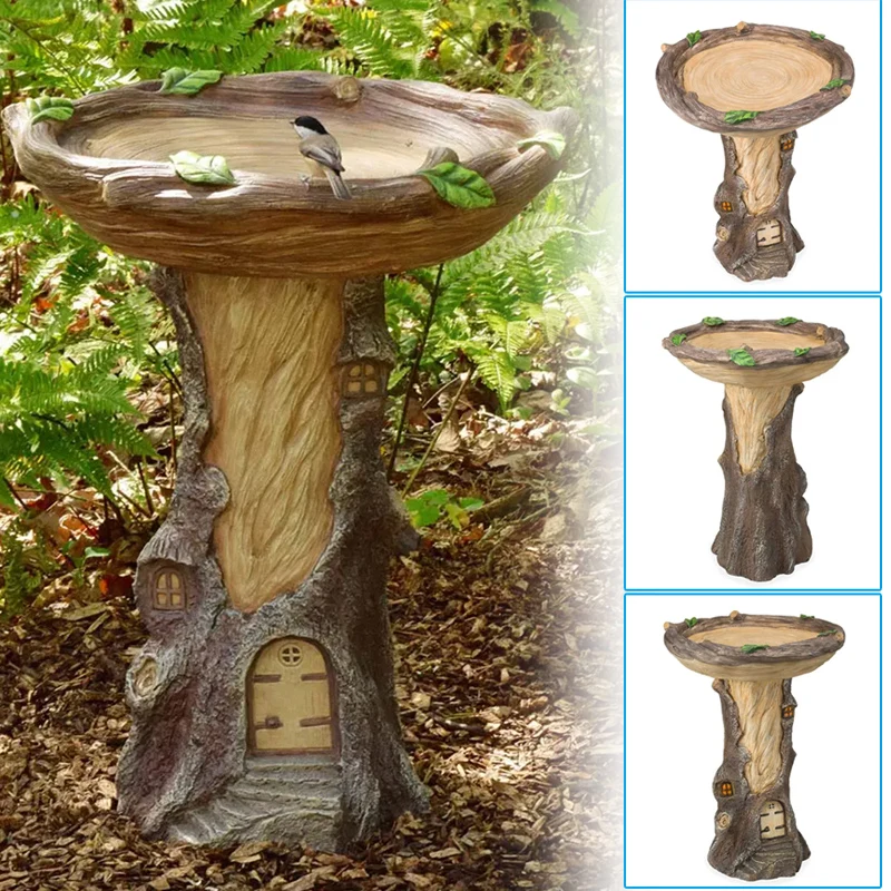 Full-Size Fairy Garden Birdbath Wood-Look Resin Landscape Accent For Outdoor Or Indoor