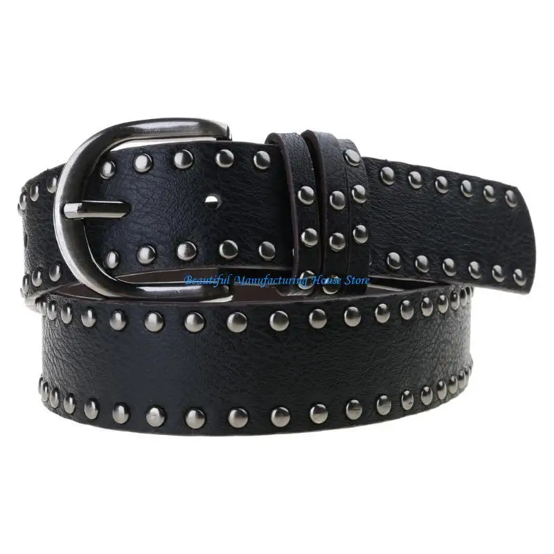 

E56A PU Leather Belt Woman Casual Waist Decors Rivet Studded Pants Belt 2000s Waistband