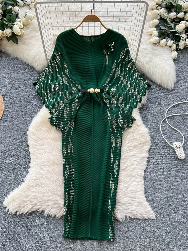 

Retro Pleated Dr Faionable 3D Flower Tie Waist Print Pred Slim Batwing Sve Long Dr High Waist Belted A-Line Skirt