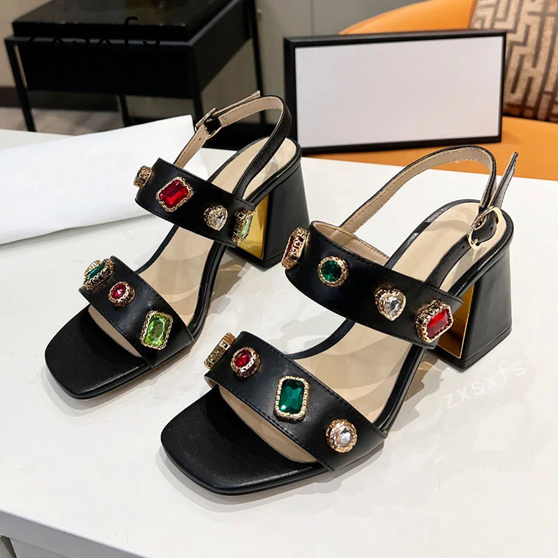

Brand Sexy Open Toe Pumps Leather Rhinestone Chunky High Heels Sandals For 2023 Summer Runway Ladies Shoes Mujer