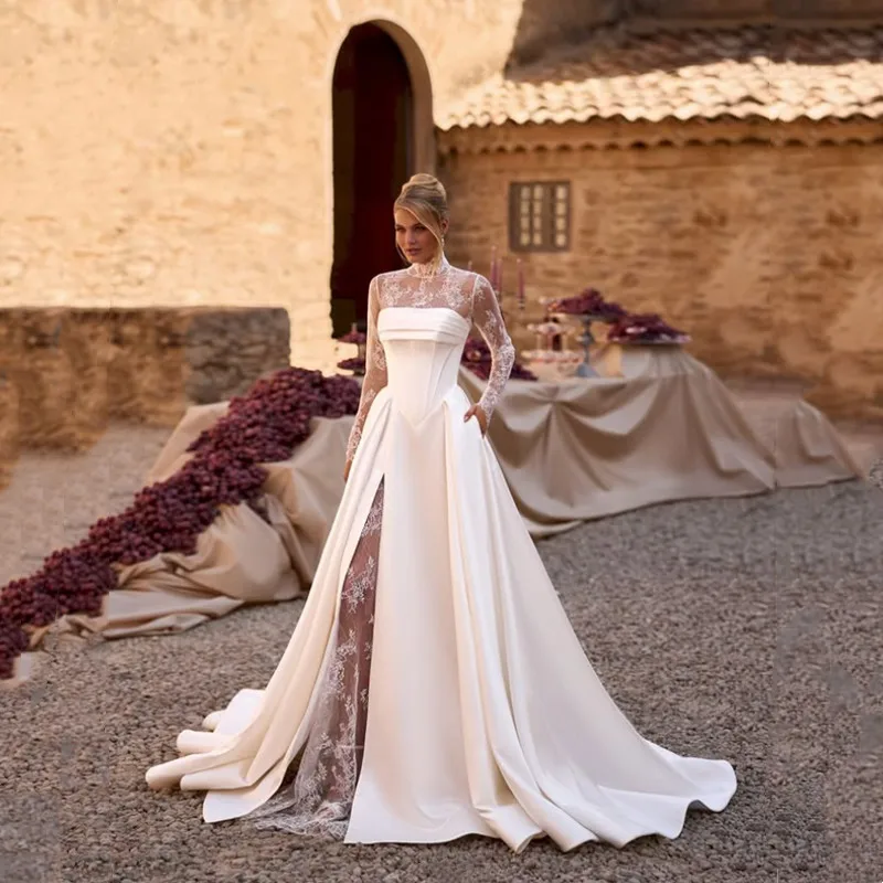 

Customized Exquisite A-Line Ivory Satin Wedding Dresses Lace Long Sleeves High Neck Bridal Gown Sexy Slit Backless Sweep Train