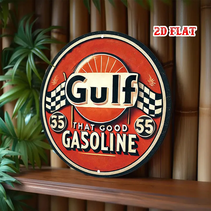 2D شقة، 1PC خمر الخليج 55 البنزين الألومنيوم معدن القصدير تسجيل - 7.87x7.87 بوصة تصميم جولة متقلب العلم، ريفي جدار الفن ل #5