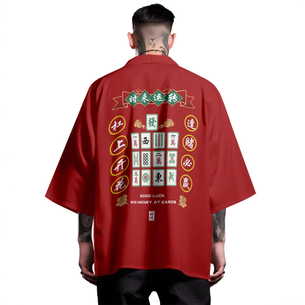 Japanese Kimono Cardigan & Red Haori with Good luck Mahjong Print Design - Stylish Cultural Statement for Men and Women