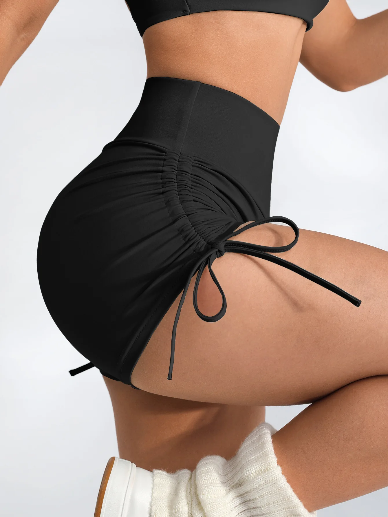 

Шорты с высокой талией, с рюшами и завязками, для тренировок, фитнеса, йоги, сексуальные, модные, спортивные, удобные.