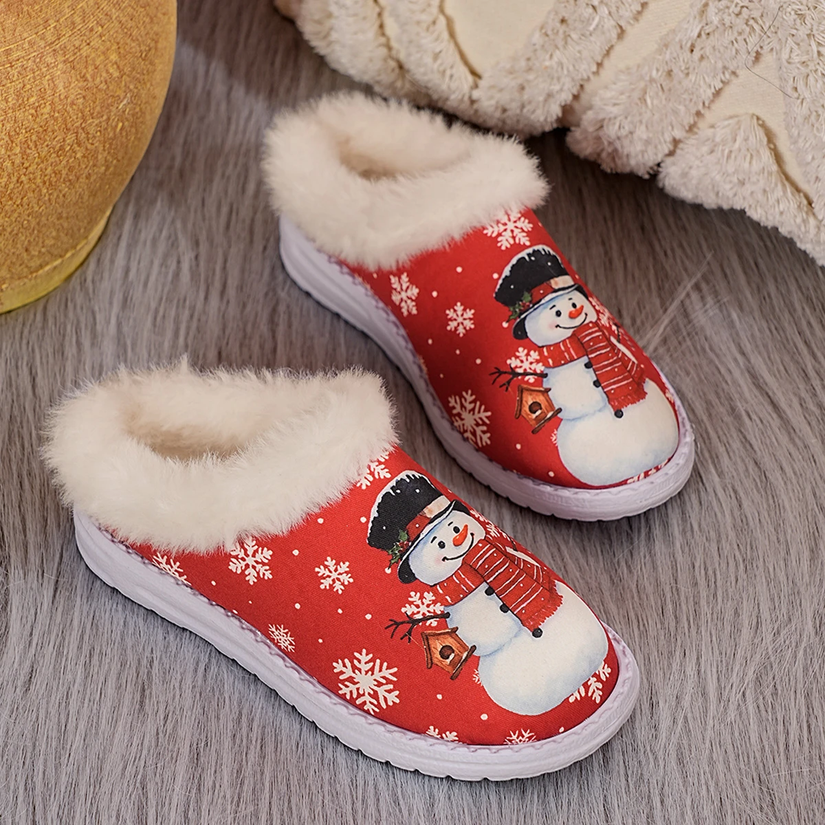 

Kids Ankle Boots Snowman Pattern Children Slippers Lightweight Warm Home Fur Shoes Children Designer Indoor Kids Snow Boots