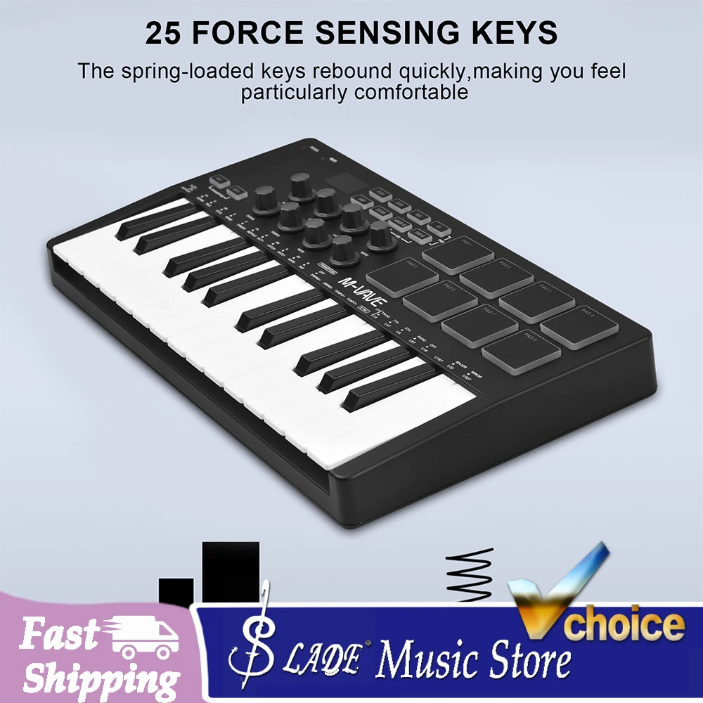 M-VAVE SMK-25 MIDI Pad Controller Keyboard USB Mini 25 Key 16 RGB Drum Pads 8 Knobs & Music Production Software Included