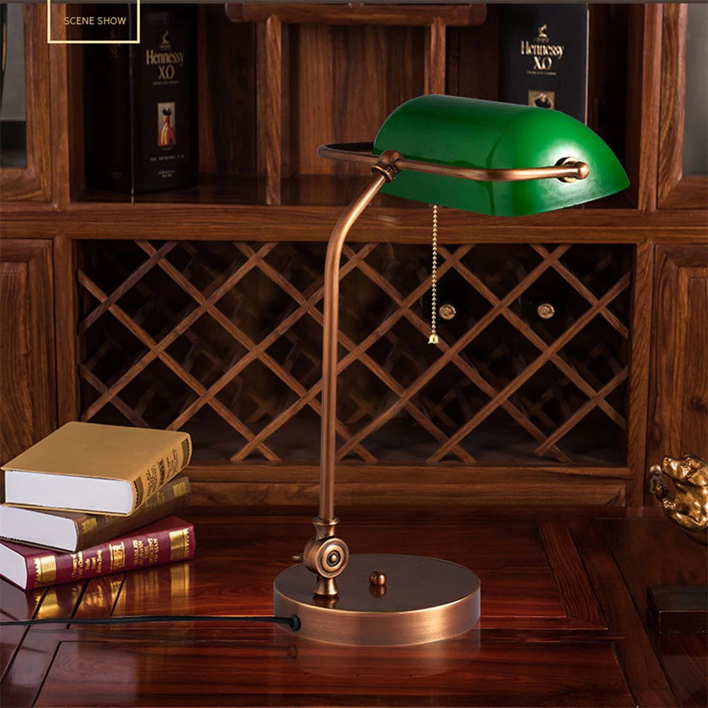 Industrial Retro Banker Table Lamp Copper Finish Stand Nodric Green Glass Shade Lamp Perfect for university Library Read