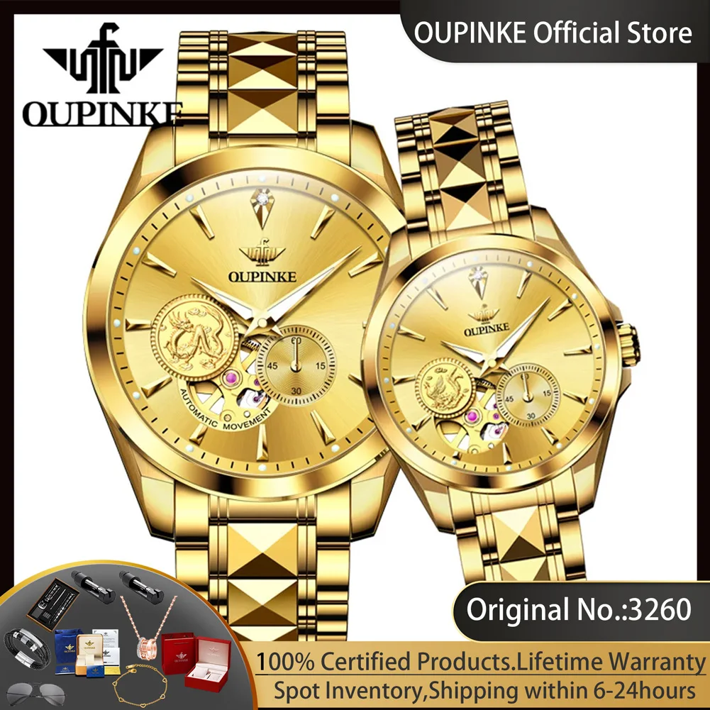 OUPINKE 3260 Real Gold Real Diamond Couple Watch Pair for Men Women Skeleton Chronograph Luxury Automatic Mechanical Wristwatch