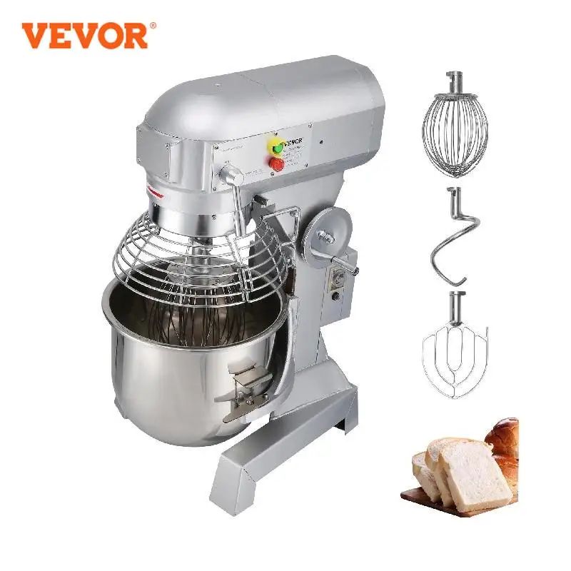 VEVOR Commercial Food Mixer 10Qt 450W 3 Speeds Adjustable 110/178/390 RPM Heavy Duty 110V Stainless Steel Whisk Beater Premium