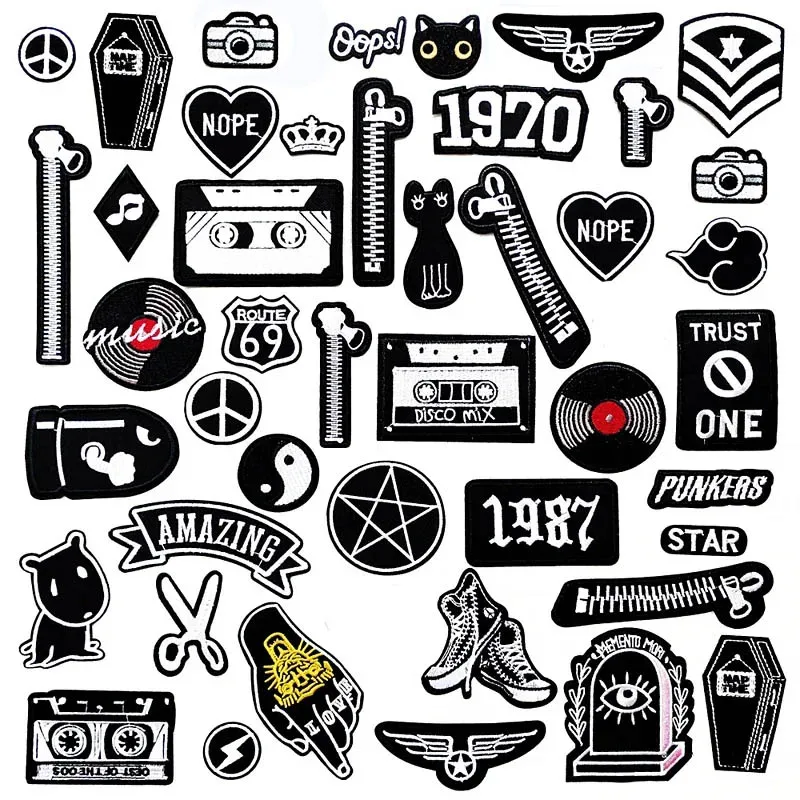 Czarno-białe haftowane aplikacje, urocze naszywki, materiałowe ozdoby do ubrań DIY, akcesoria odzieżowe, emblematy, muzyka 1987
