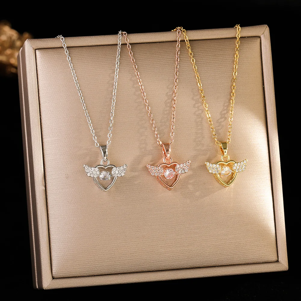 Chains Necklaces Moving Heart Angel Wings Pendant Korean Style Minimalist Design