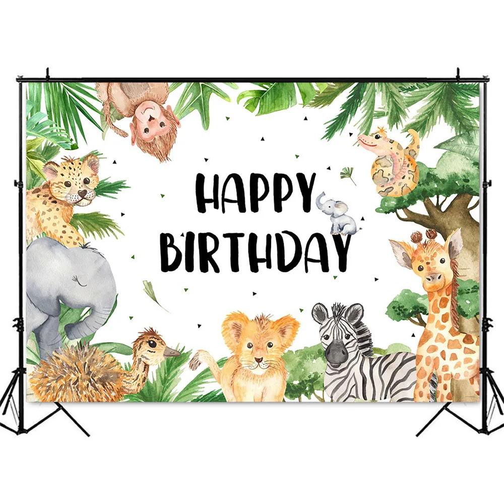 Jungle Animals Birthday Backdrop Happy Birthday Safari Woodland Photo Background Boys Birthday Green Leaves Decoration for Kids