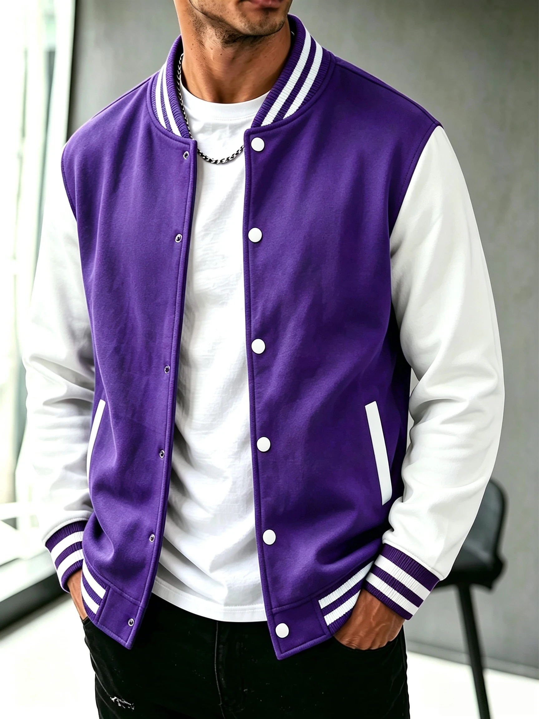 Men'S Color-Block Patchwork Baseball Jacket, Stand-Up Collar Button-Up Casual Coat, Side-Pocket Preppy Top