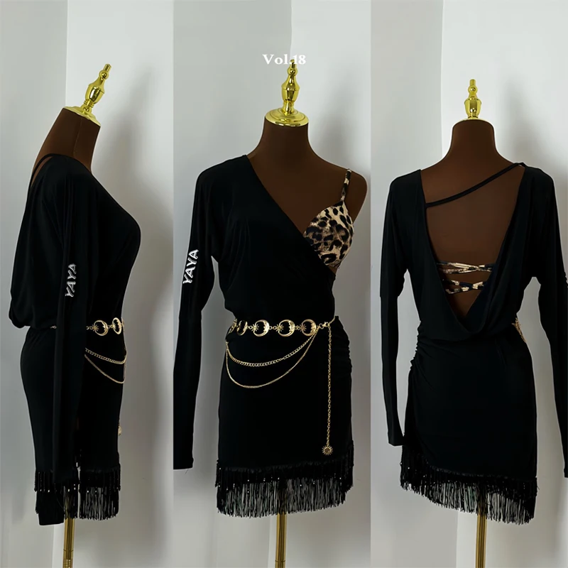 여성용 경사진 어깨 라인 볼룸 댄스 대회 드레스 성인용 긴 소매 라틴 댄스 프린지 드레스 연습복 SL14455