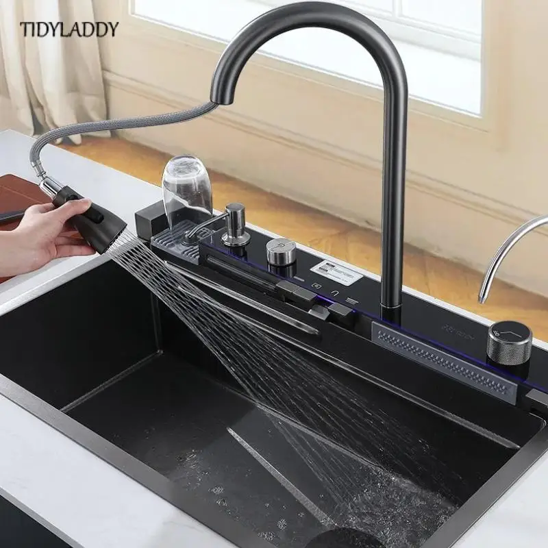 Honeycomb Kitchen Waterfall Sink Digital Display Large Single Slot Stainless Steel Sink Multifuctional Sink Home Products