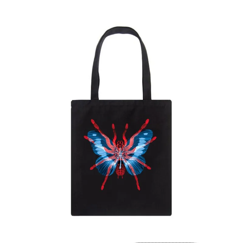 Gothic Insect Print Canvas Tote Bag Large Capacity Shoulder Bag with Butterfly Spider Web Patterns for Alternative Style Lovers