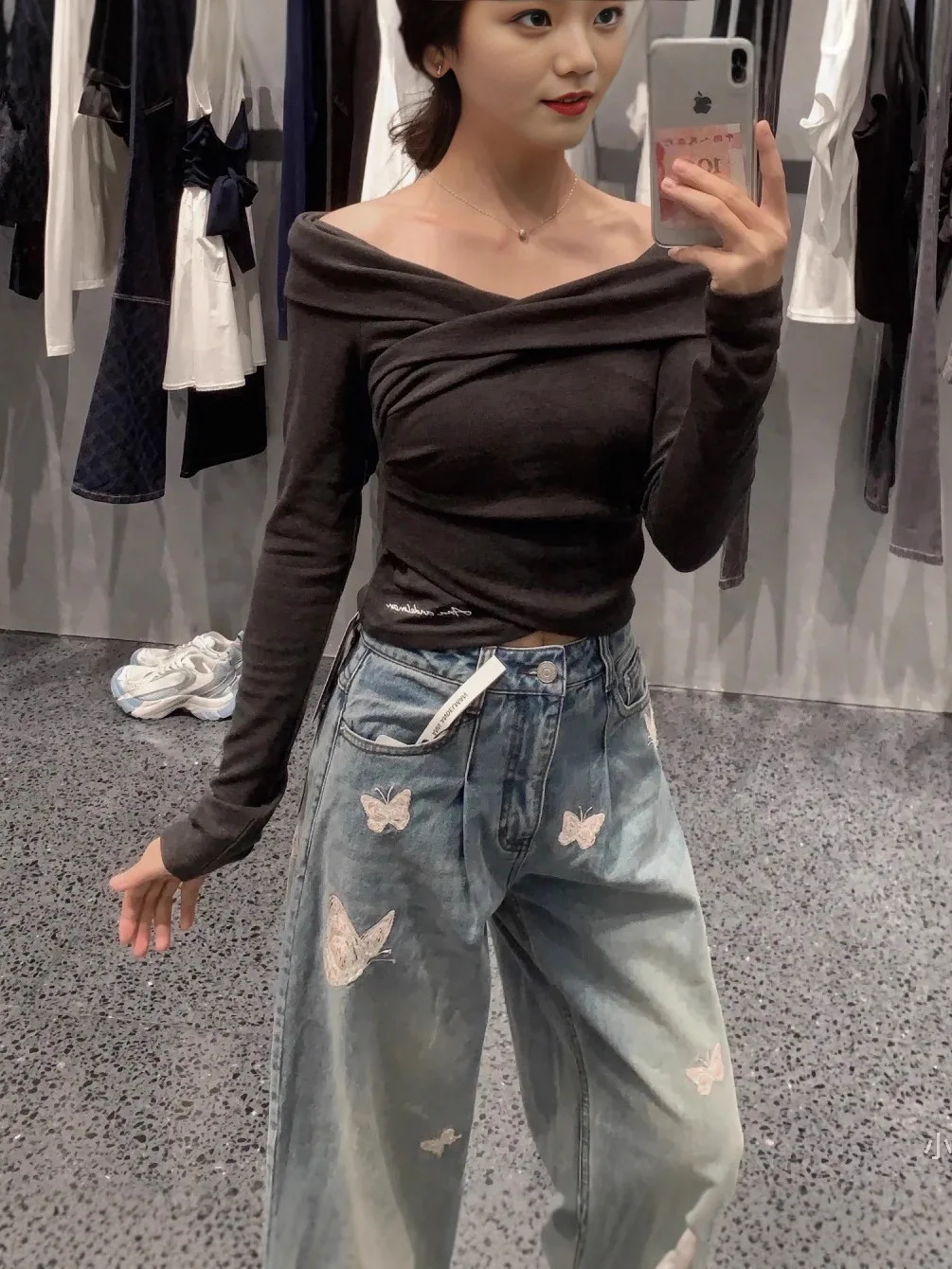 

Ele Sle Cotton Long Sve Embroidery Logo Stand Collar Slant Button oulder Hole Sweater Top for Women in Autumn