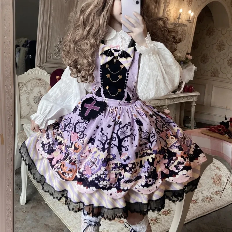 Japanese Victorian Lolita Jsk Dress Girl Halloween Cosplay Cat Ears Hooded Cloak Strap Dress Gothic Women Fashion Kawaii Dresses