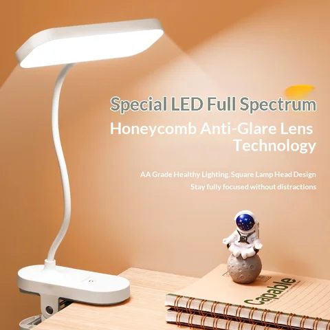 USB Rechargeable Clip-on LED Desk Lamp, Eye-Caring Reading Light for Students, Dorm Bedroom Desk Study Office Portable Lamp