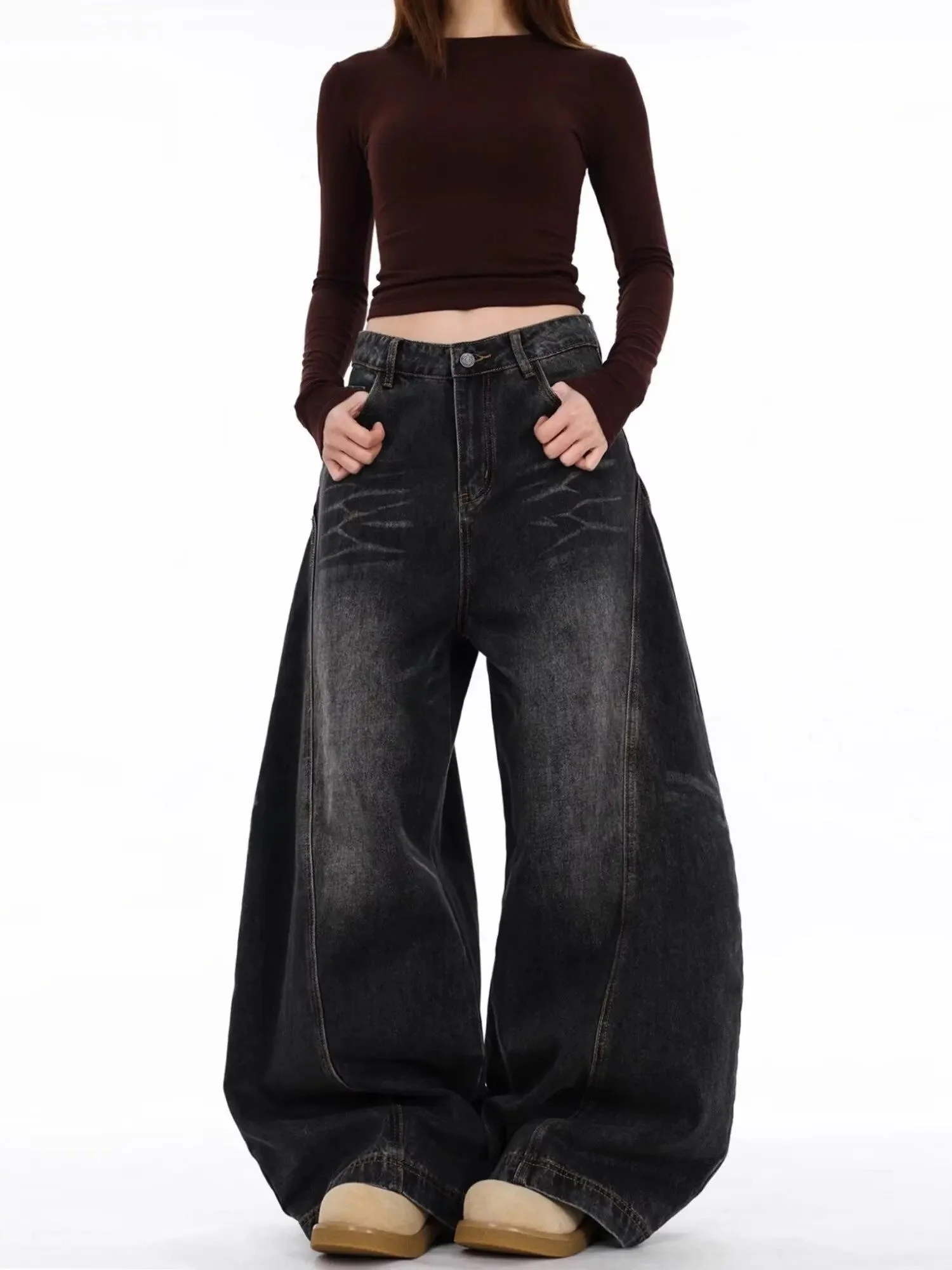 

Retro Loose Women's Wide Leg Pants Bent Knife Cowboy Jeans Waed Straight Cut Trousers Casual Pure Color Polyester Fiber