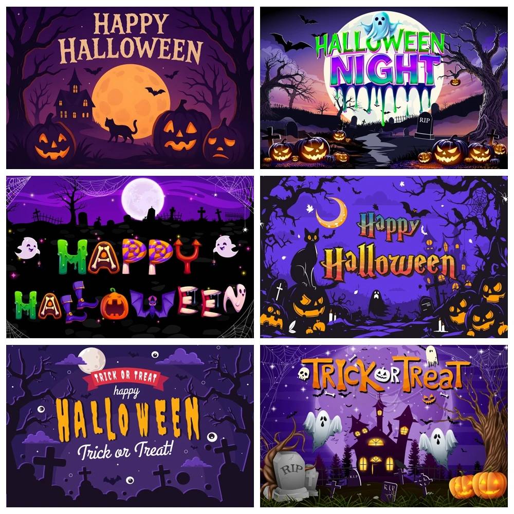 

Happy Halloween Photography Background Horror Forest Cemetery Purple Castle Pumpkin Lantern 2025 Halloween party Photo Backdrop