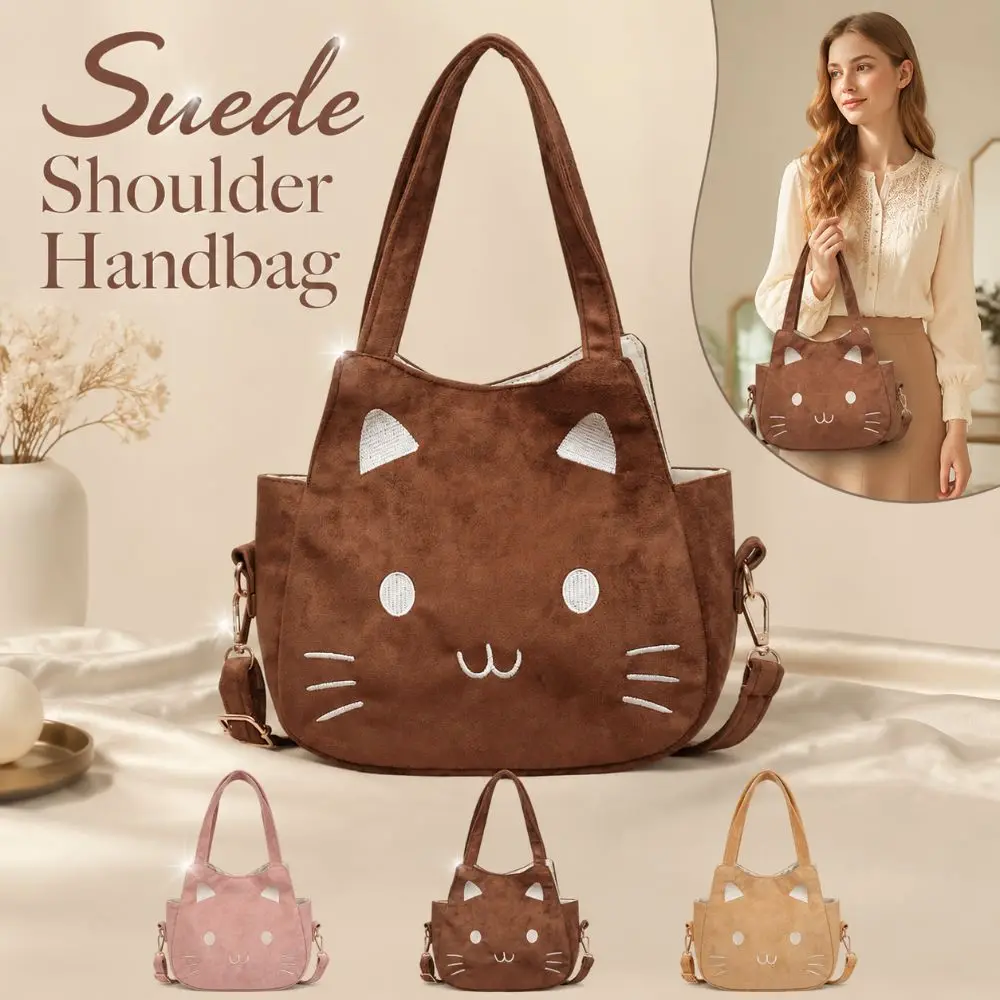 Stylish Suede Shoulder Handbag Large Capacity Adjustable Straps Tote Bag Commuting Cat Pattern Underarm Handbag Woman