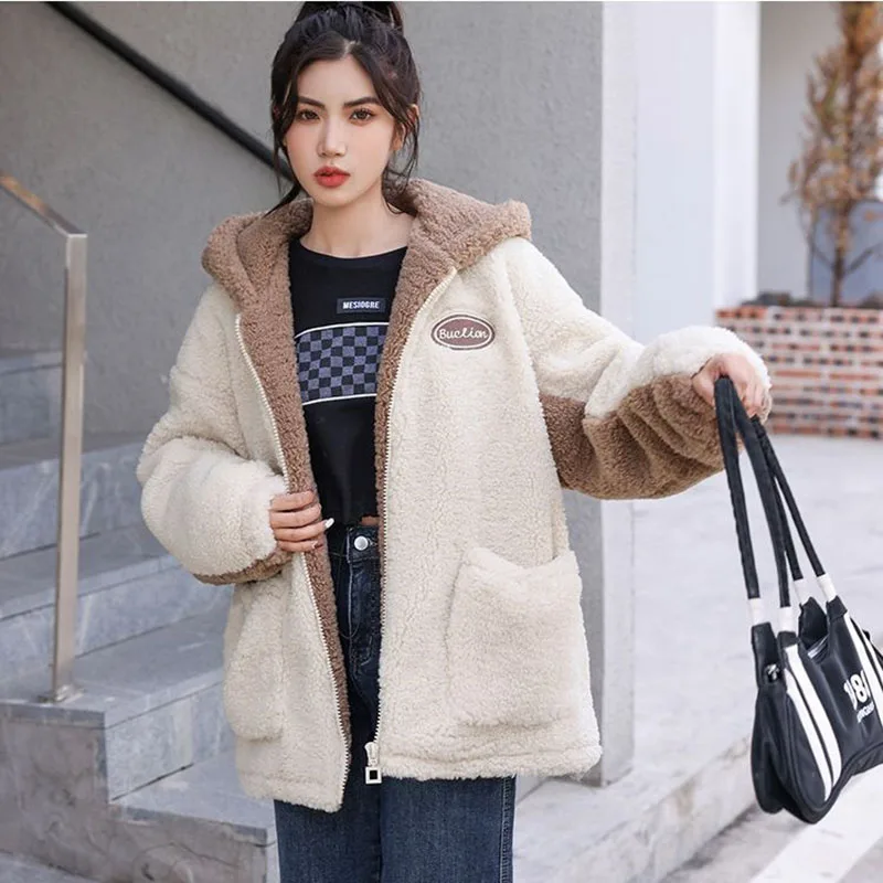 Autumn Winter New Fashion Loose Students Joker Hooded Plus Velvet Warm Cotton Jacket Lamb Wool Stitching Jacket Women's Outwear