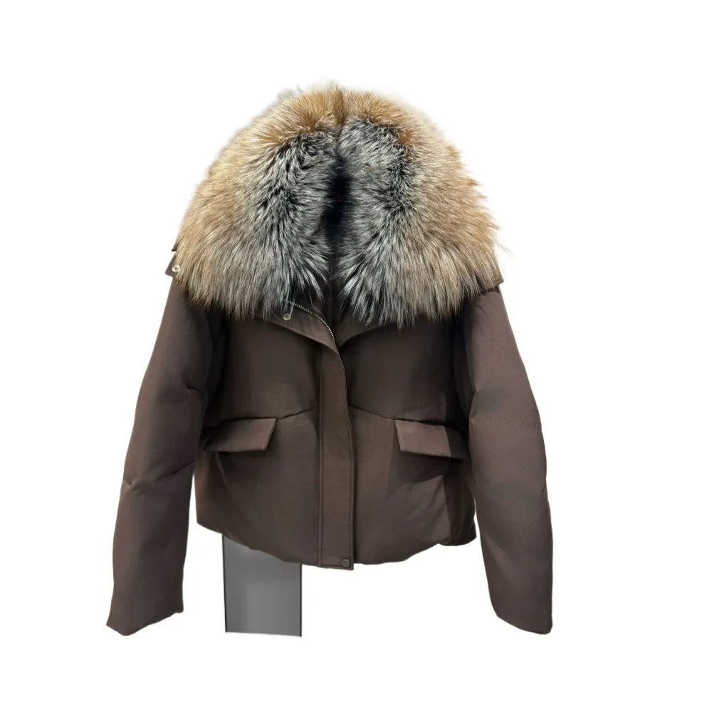 Damen-Daunenjacke mit Pelzkragen, Ultra-Warm, Echtpelz, Reißverschluss, Taschen, Kurze Länge, Lässige Oberbekleidung, Winddicht