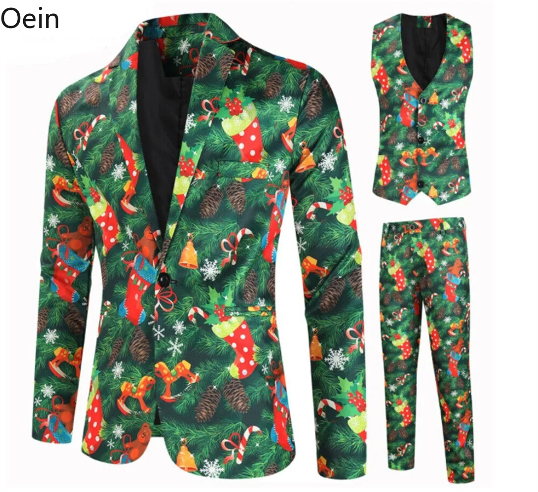 

Mens 3 Pieces Christmas Printed Suit Blazer with Long Pants Xmas Costumes Outfit