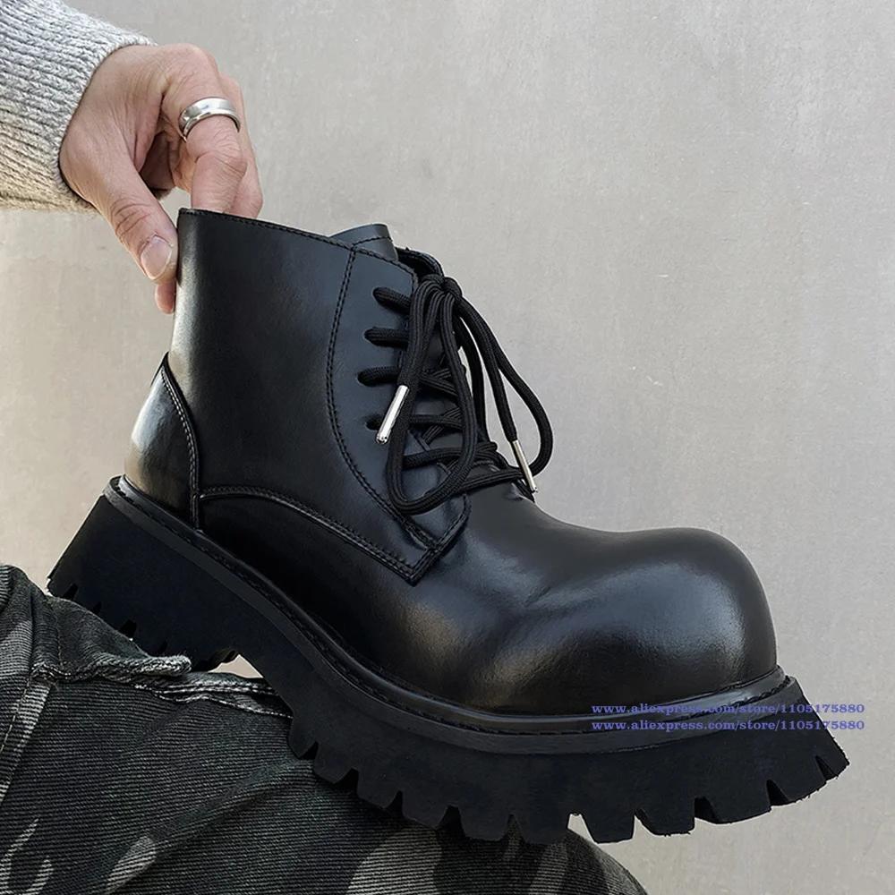 

Black Leather Motorcycle Men's Boots Big Round Toe Thick Sole Height Increasing Booties Designer Men's Shoes Botas Mujer