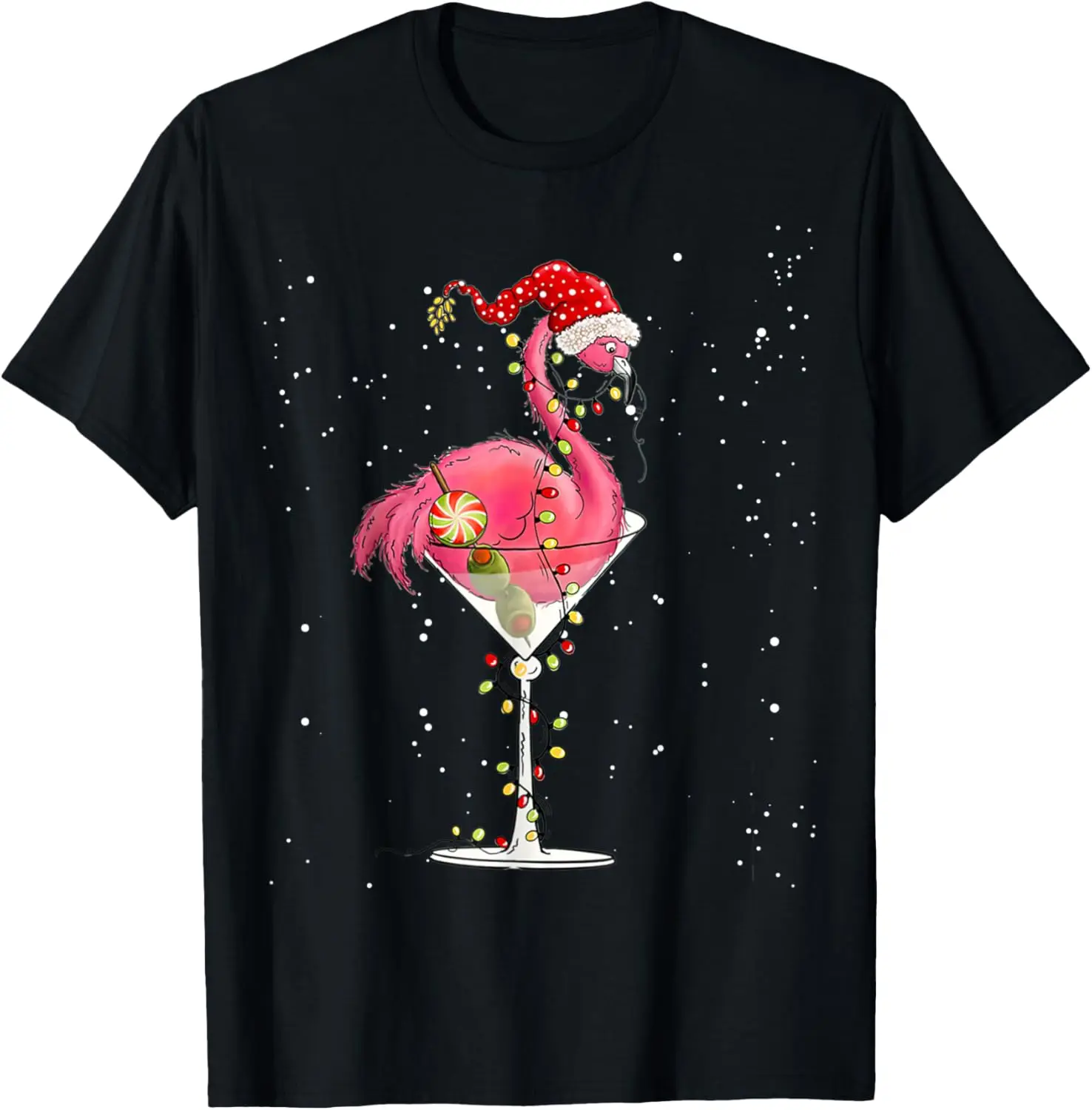 Flamingo Martini Christmas Lights Funny Holiday Graphic T-Shirt Short Sleeve Crewneck