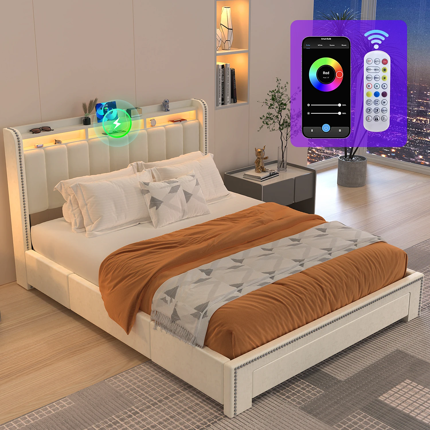 Doppelbett mit Polsterung, Stauraum und Holzlattenrost. Das Stoffkopfteil verfügt über LED-Beleuchtung und einen USB-Ladeanschluss. Das Bett mit Stauraum hat 3 Schubladen. Geeignet für Schlafzimmer