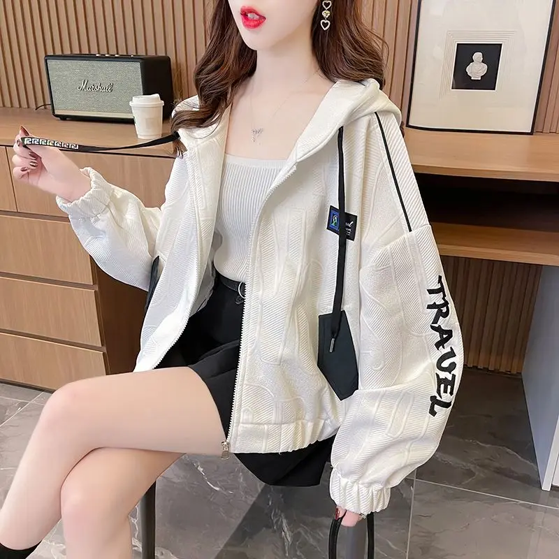 Female Top Grey with Zipper Spring and Autumn Hoodies Loose Embroidered Cropped Baggy Women\'s Hooded Full Zip Up Sweatshirts Xxl