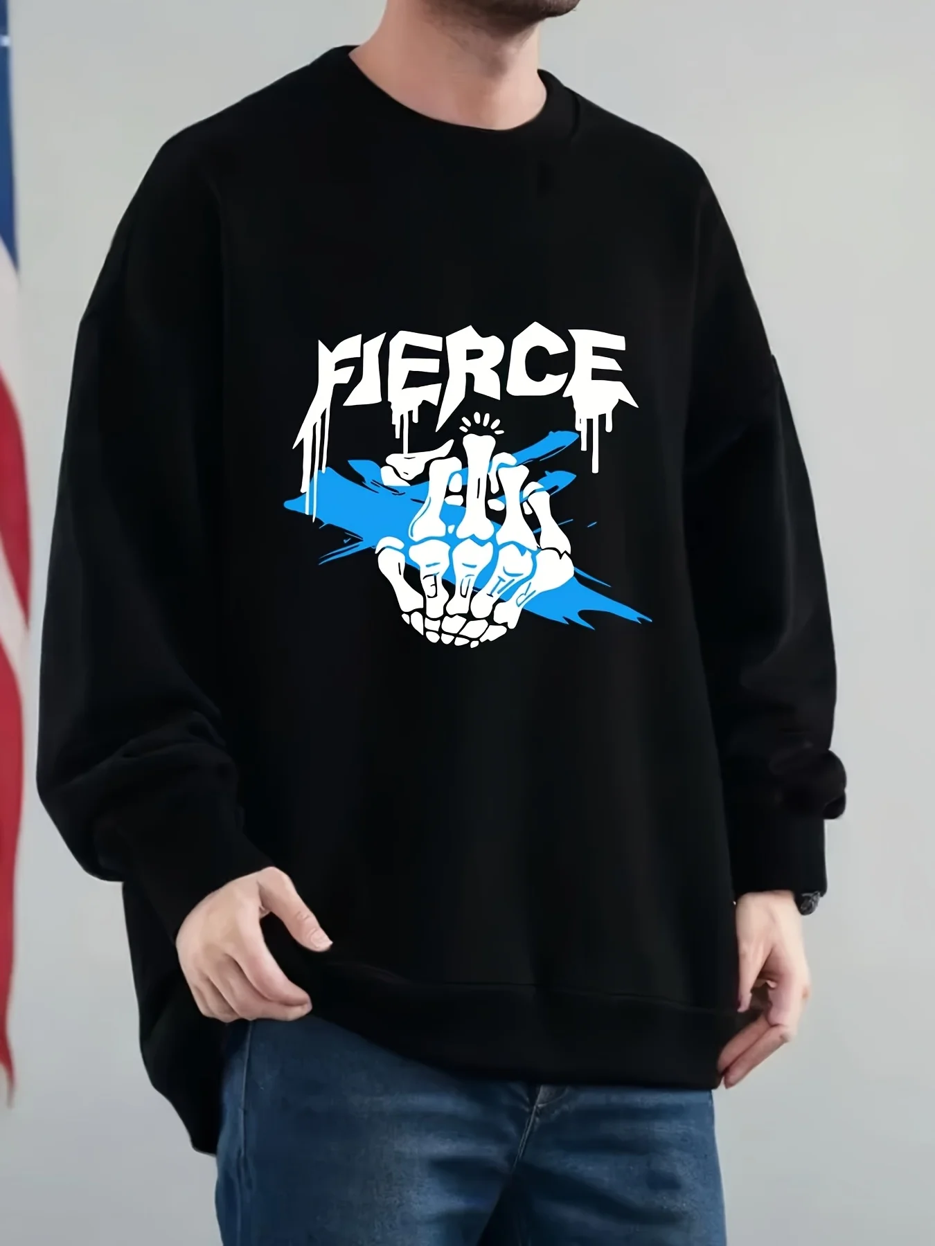 

FIERCE ручная роспись костные ручки синий предмет. Мужская спортивная рубашка большого размера с круглым вырезом и заниженными плечами.