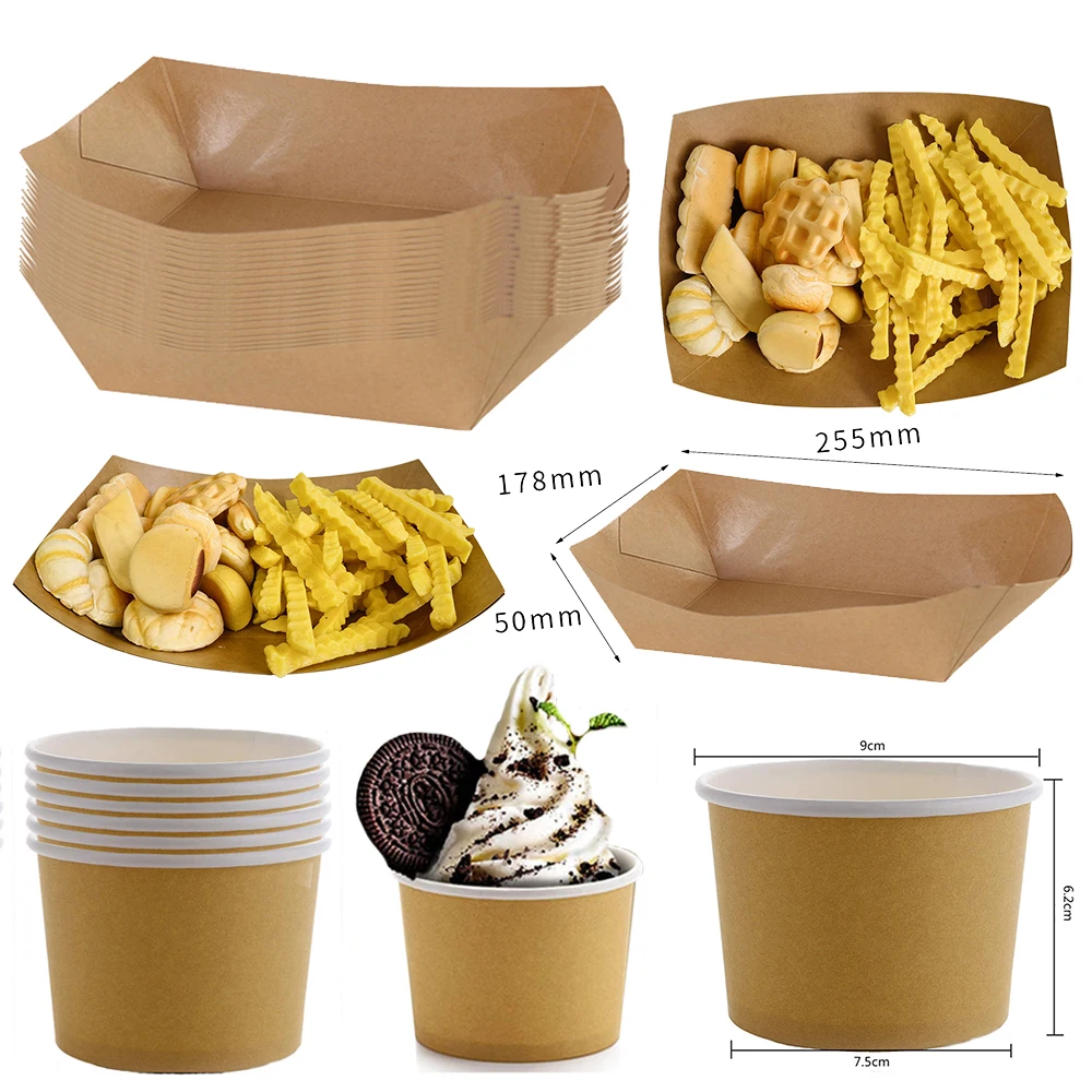 5/10/20/30/40/50Pcs Einweg Braun Kraft Papier Lebensmittel Trays Eis Tassen dessert Lebensmittel Schalen BBQ Picknick Hochzeit Party Liefert