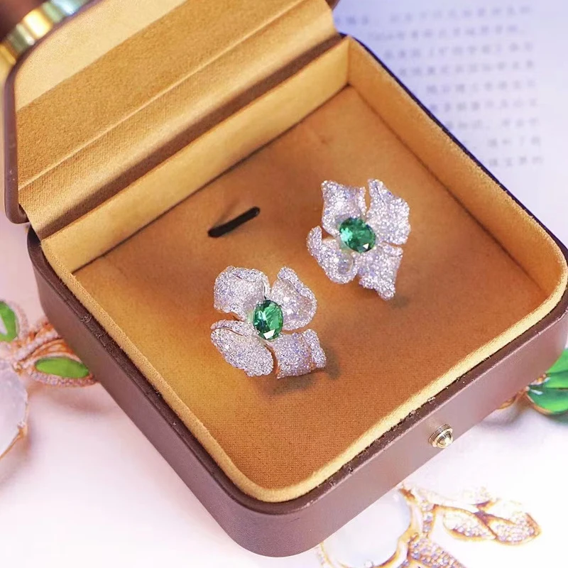 Flower Earring For Women Fine Jewelry With Green Zircon 925Sterling Silver Cute Romantic Female Gift Free Shipping