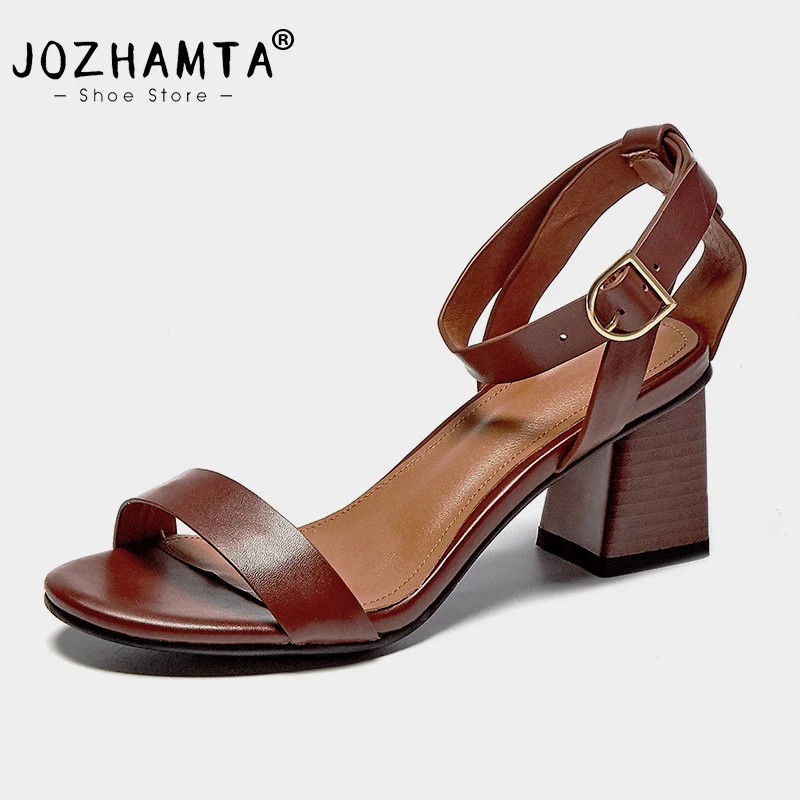 JOZHAMTA Size 34-39 Women Sandals For Women 2023 Genuine Leather High Heels Shoes Fashion Summer Rome Retro Heeled Sandalias