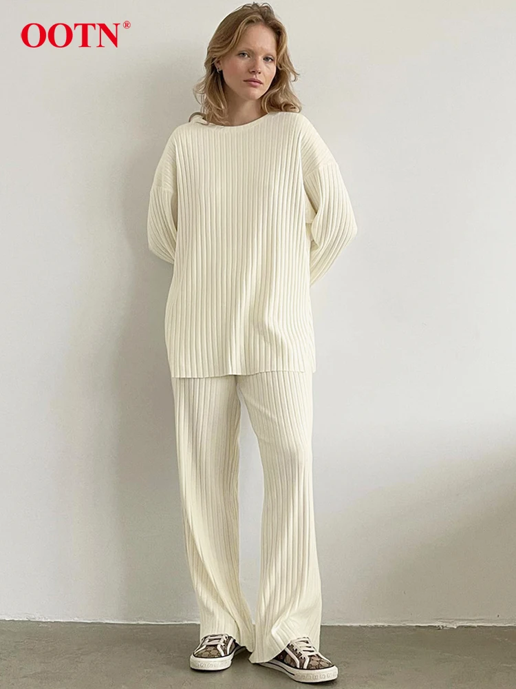 OOTN Elegant Apricot Wide Leg Pants Suits 2024 Casual O Neck Pullover Top Pleated Trousers Two Piece Sets Spring Knitted Outfits