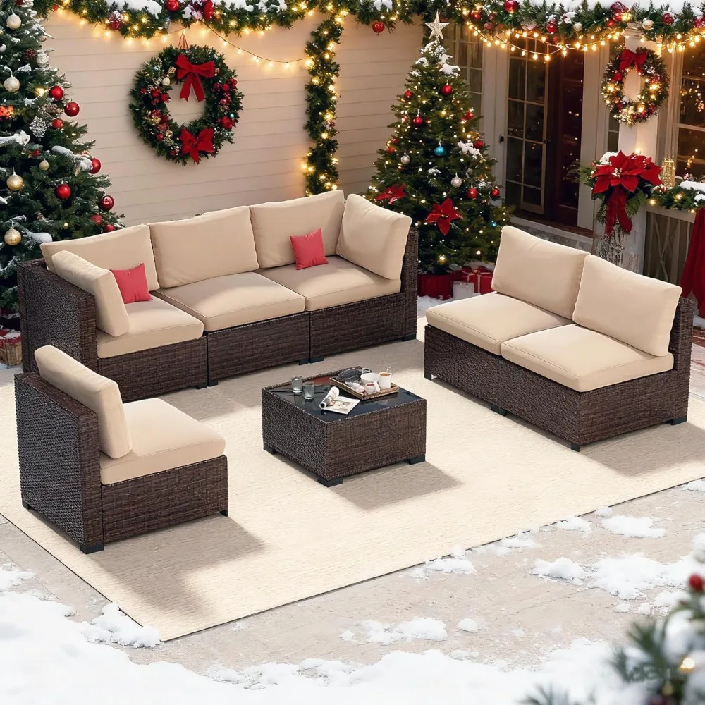 مجموعة أثاث الفناء الخارجي المكونة من 7 قطع، مجموعة أثاث الفناء المنسوج يدويًا من الخيزران أريكة مقسمة للفناء الخارجي