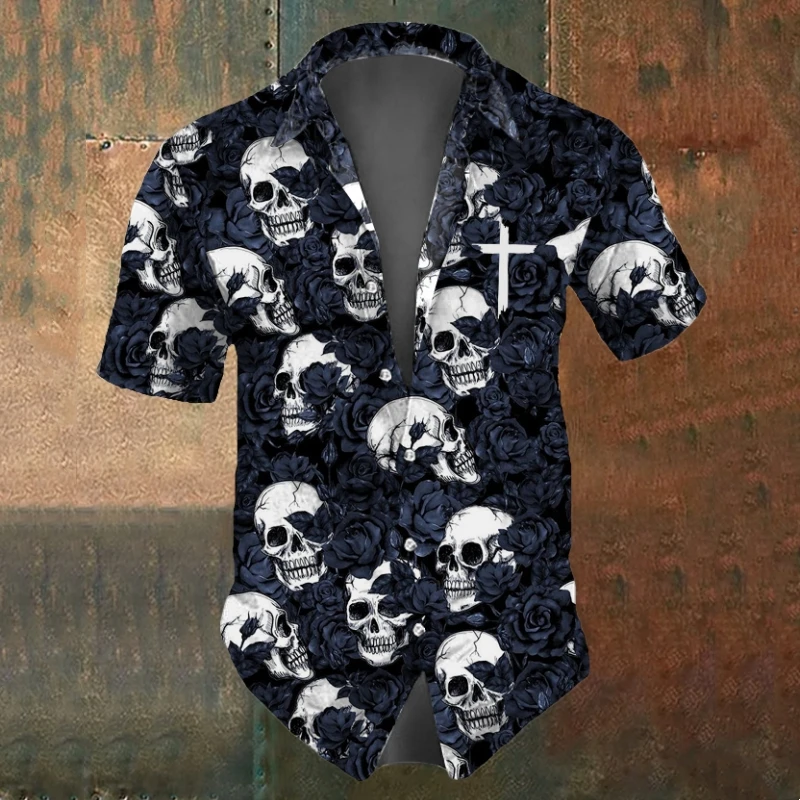 2024 Schedel Heren Overhemden 3d Cross Bedrukt Shirt Met Korte Mouwen Voor Zomer Casual Man Kleding Retro Oversized Skull Shirts Voor Heren