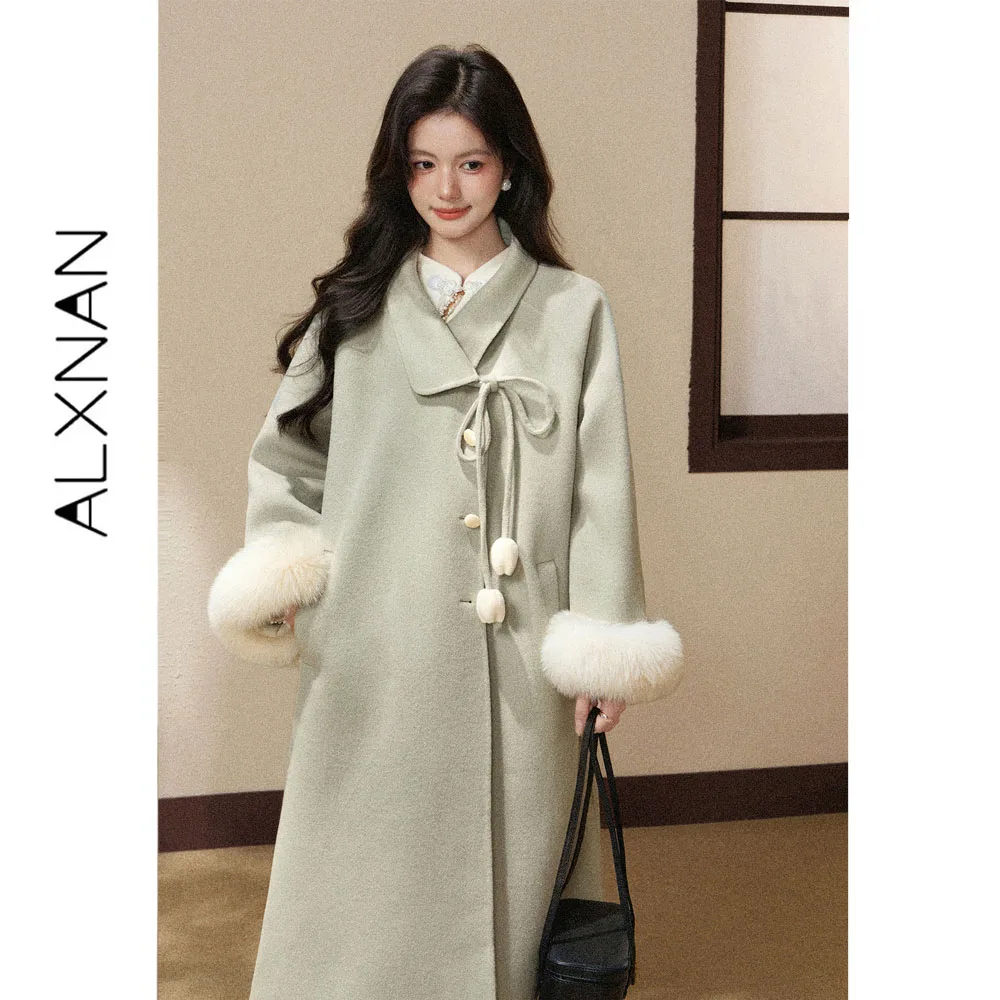ALXNAN Women's Green Long Wool Coat 2026 Autumn Winter 100% Merino Wool Furry Sleeve Overcoat Warm Fashion Female Outwear L68301